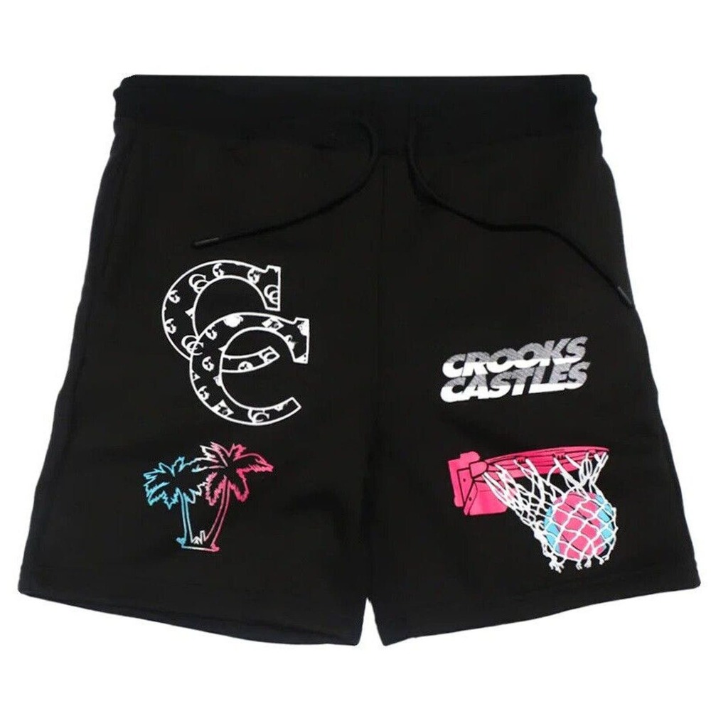 Crooks & Castles Men's Miami City Theme Fleece Sweat Shorts in Black